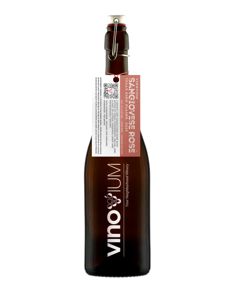 A swing-top wine growler bottle of Vinovium Sangiovese Rose wine, featuring a dark brown glass bottle, a white and pink hangtag, and a metal clasp closure on a white background.