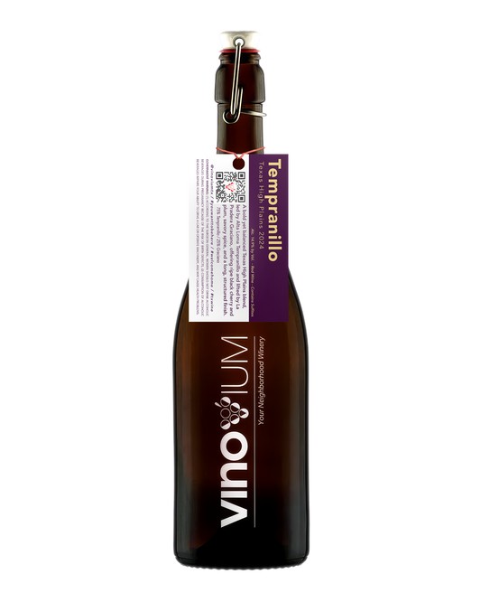 A growler wine bottle with a dark brown glass body, featuring a white and purple hangtag labeled VINOVIUM and Tempranillo