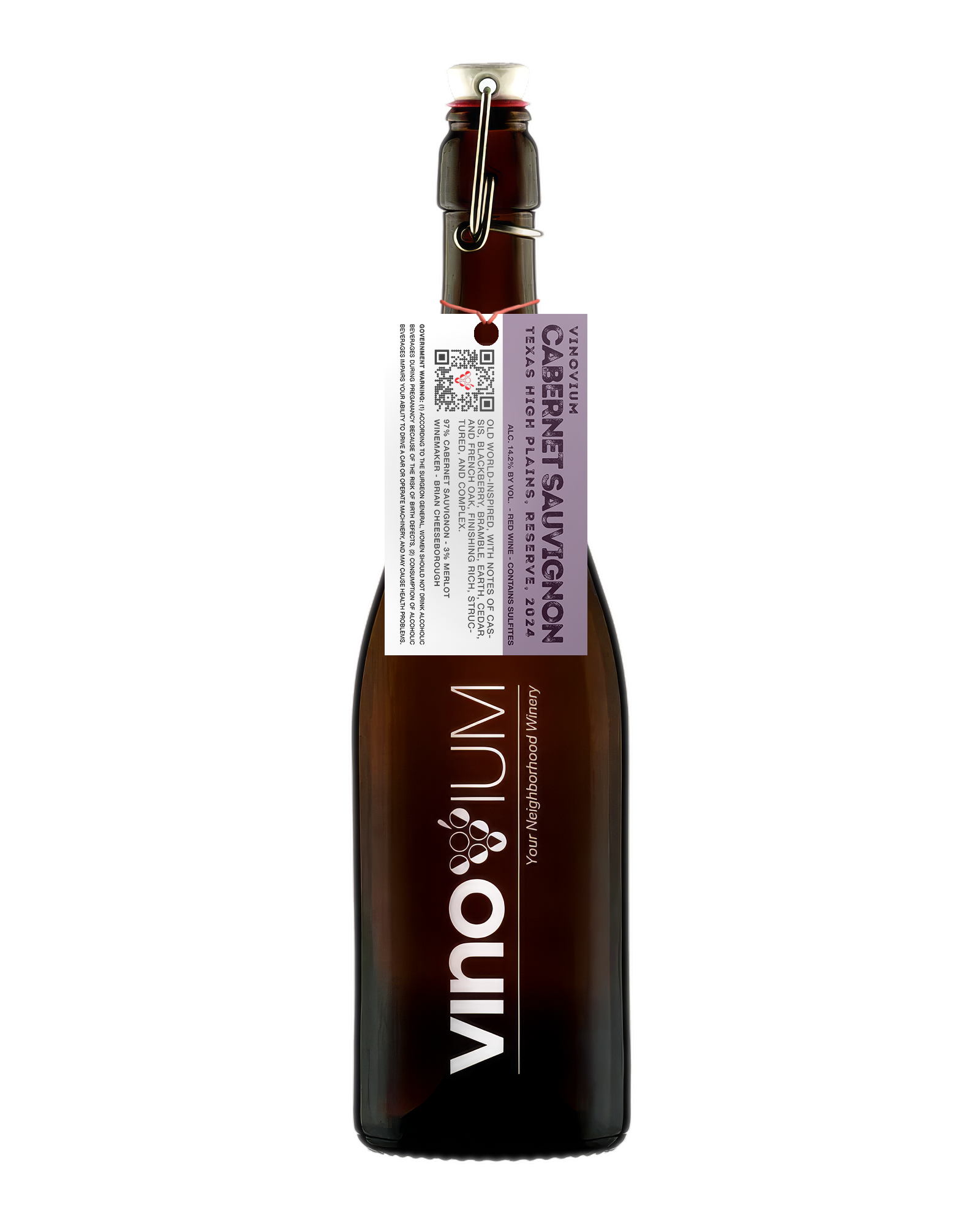 A swing-top wine growler bottle of Vinovium Cabernet Sauvignon red wine, featuring a dark brown glass bottle, a white and purple hangtag, and a metal clasp closure on a white background.