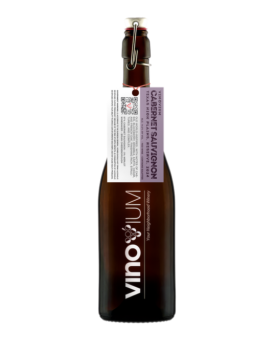 A swing-top wine growler bottle of Vinovium Cabernet Sauvignon red wine, featuring a dark brown glass bottle, a white and purple hangtag, and a metal clasp closure on a white background.
