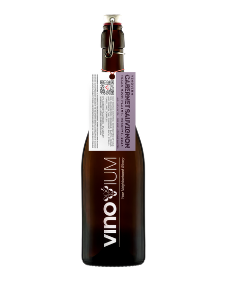 A swing-top wine growler bottle of Vinovium Cabernet Sauvignon red wine, featuring a dark brown glass bottle, a white and purple hangtag, and a metal clasp closure on a white background.
