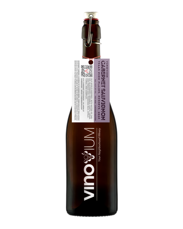 A swing-top wine growler bottle of Vinovium Cabernet Sauvignon red wine, featuring a dark brown glass bottle, a white and purple hangtag, and a metal clasp closure on a white background.