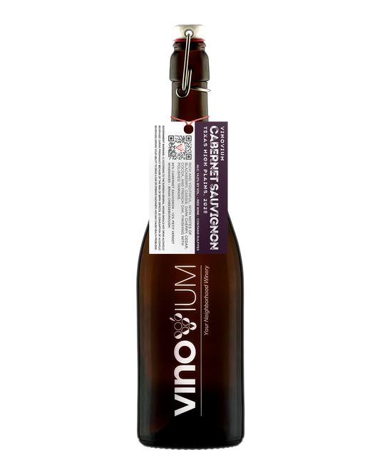 A swing-top wine growler bottle of Vinovium Cabernet Sauvignon red wine, featuring a dark brown glass bottle, a white and purple hangtag, and a white label on a plain white background.