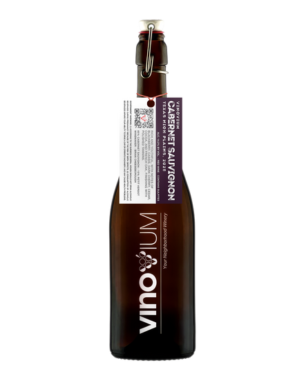A swing-top wine growler bottle of Vinovium Cabernet Sauvignon red wine, featuring a dark brown glass bottle, a white and purple hangtag, and a white label on a plain white background.