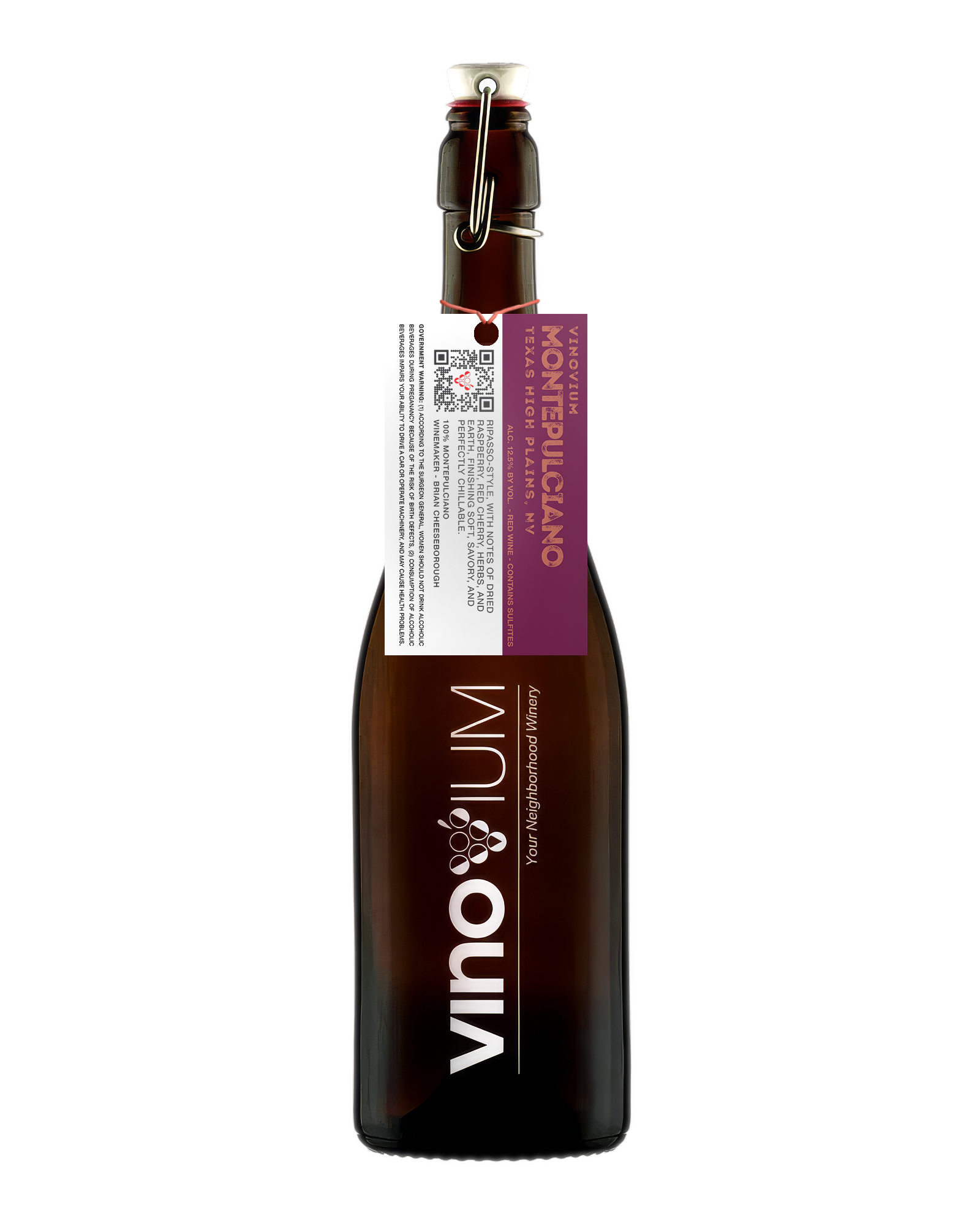 A dark brown glass growler wine bottle of Vinovium Montepulciano Ripasso NV wine with a swing-top closure, featuring a white and purple hangtag 