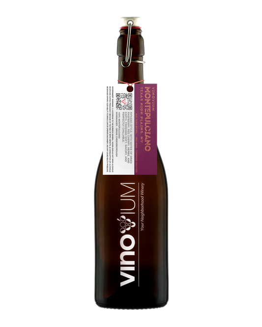 A dark brown glass growler wine bottle of Vinovium Montepulciano Ripasso NV wine with a swing-top closure, featuring a white and purple hangtag 