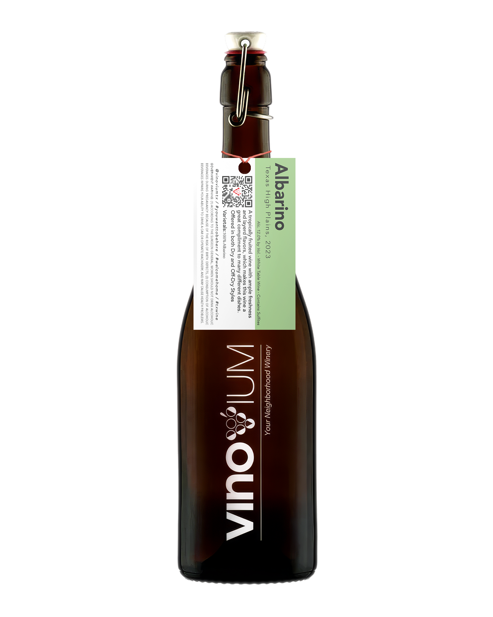 A swing-top growler wine bottle of Vinovium Albarino, featuring a dark brown glass bottle, a white and green hangtag, and a metal swing cap on a white background.