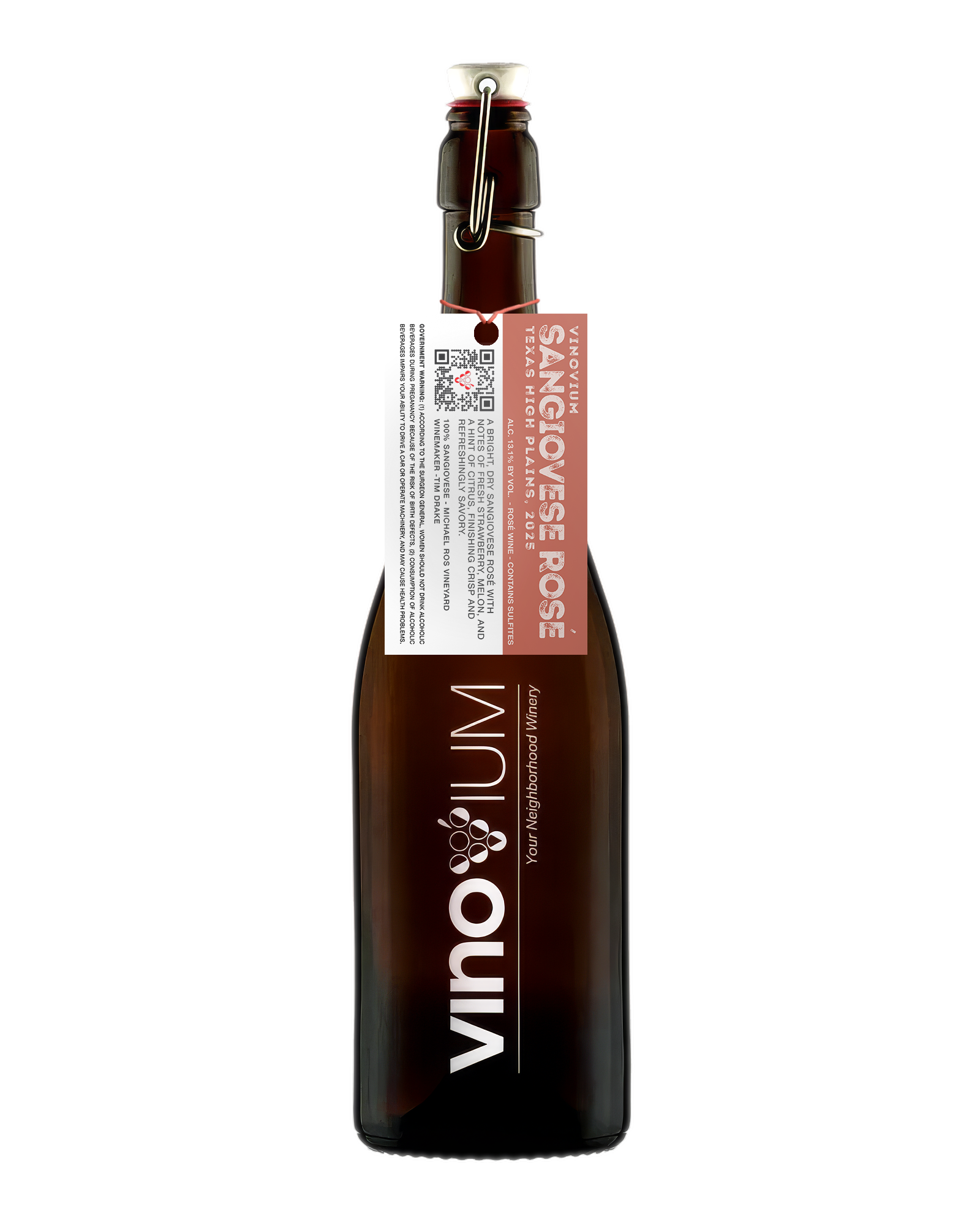 A swing-top wine growler bottle of Vinovium Sangiovese Rose wine, featuring a dark brown glass bottle, a white and pink hangtag, and a metal clasp closure on a white background.