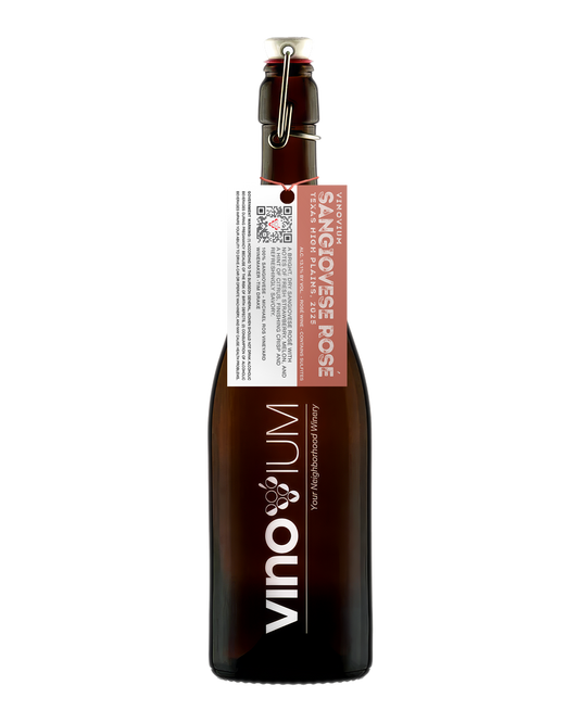 A swing-top wine growler bottle of Vinovium Sangiovese Rose wine, featuring a dark brown glass bottle, a white and pink hangtag, and a metal clasp closure on a white background.