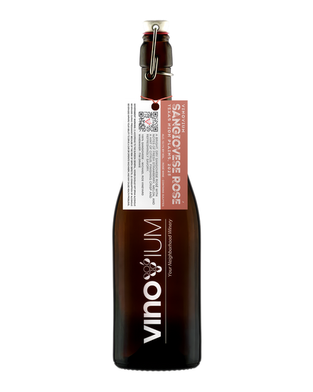 A swing-top wine growler bottle of Vinovium Sangiovese Rose wine, featuring a dark brown glass bottle, a white and pink hangtag, and a metal clasp closure on a white background.