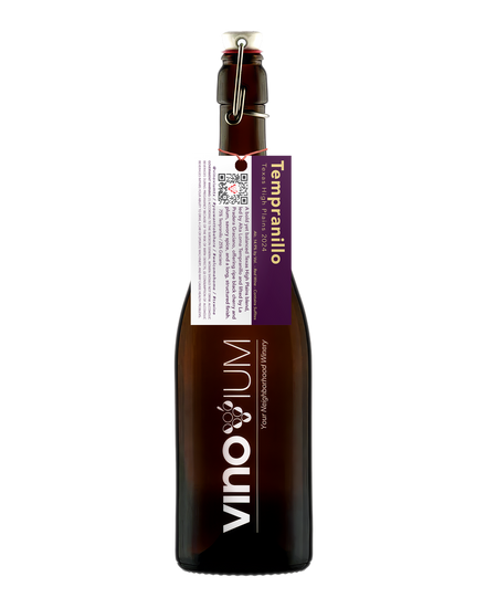 A growler wine bottle with a dark brown glass body, featuring a white and purple hangtag labeled VINOVIUM and Tempranillo