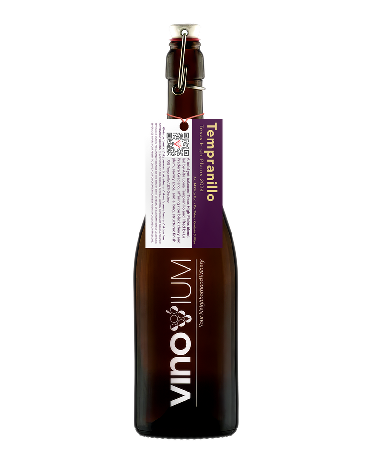 A growler wine bottle with a dark brown glass body, featuring a white and purple hangtag labeled VINOVIUM and Tempranillo